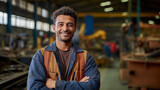 Handsome young African logistic worker smiling, looking at the camera in a warehouse