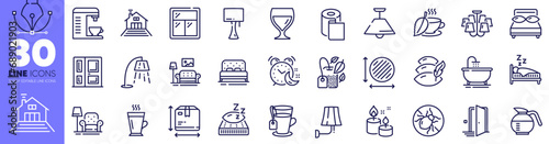 Alarm, Paper wallpaper and Aroma candle line icons pack. Mattress, Entrance, Bath web icon. Box size, Stand lamp, Ceiling lamp pictogram. Tea, Coffeepot, Mint bag. Circle area, Terrace, Sleep. Vector