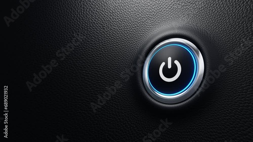 Push power button. Start, off and on concept. Modern car button with power sign and blue light. 4k 3d loop animation photo
