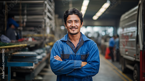 young asian logistic worker wearing a blue uniform ,smiling looking at the camera in a warehouse © Simon C