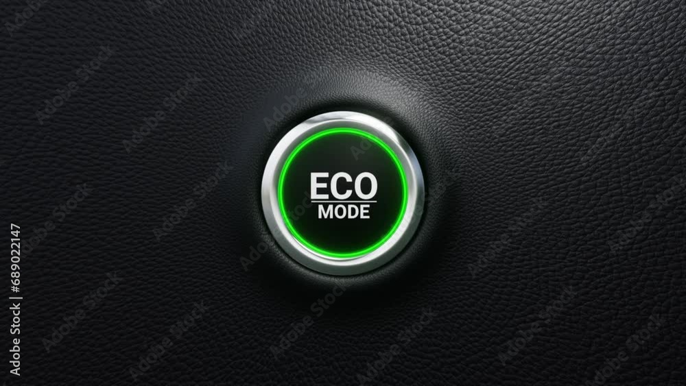 ECO mode push button. Moden ECO button with green light. Energy saving driving mode. 4k 3d loop animation