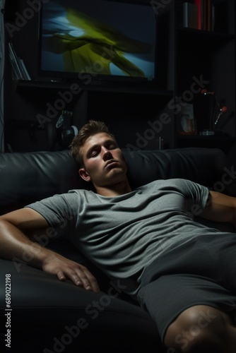 Portrait of a person asleep on a couch with a workout video playing on TV, highlighting the challenge of staying active, including copy space