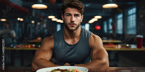 Portrait of a person looking hesitant with a plate of unhealthy food, juxtaposed with a gym in the background, including copy space photo