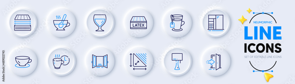 Coffee break, Latex mattress and Espresso line icons for web app. Pack of Tea, Tea cup, Entrance pictogram icons. Table lamp, Cupboard, Deluxe mattress signs. Open door, Triangle area. Vector