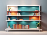 Bookshelf mockup with gradient background. colorful modern wooden shelf with book illustration. 
