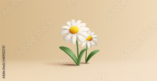 Cute chamomile or daisy flowers on stem with leaves 3D illustration. Cartoon render style icon