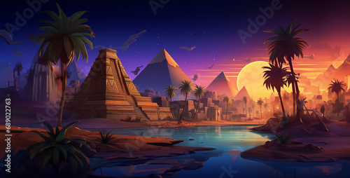 sunset over the ocean, ancient Egypt landscape game background night scene magica