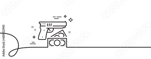 Robbery line icon. Continuous one line with curl. Money fraud crime sign. Thief with gun steal cash symbol. Robbery single outline ribbon. Loop curve pattern. Vector