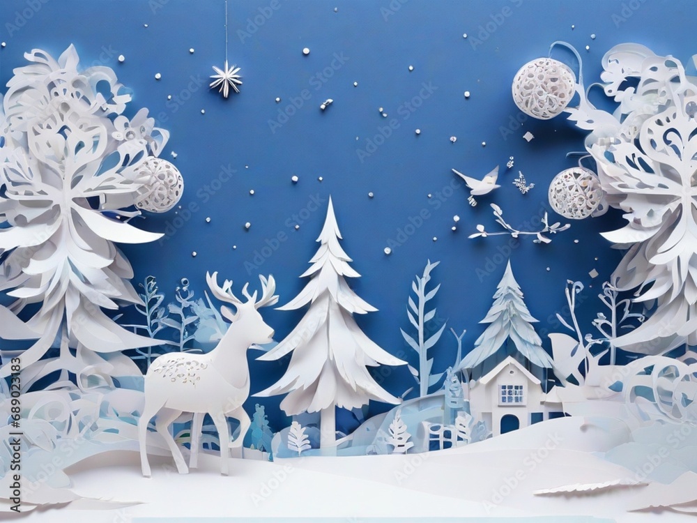 Winter christmas composition in paper cut style.Merry Christmas