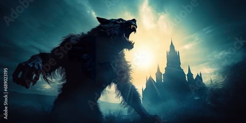 Silhouette of a werewolf roaring with an ancient castle in the background, under moonlight photo