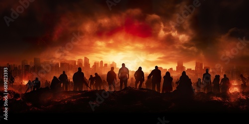Silhouette of a zombie horde against the backdrop of a burning city skyline