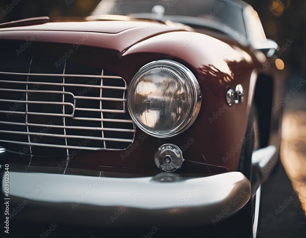 AI-generated illustration of a retro car parked on the street, a closeup of a headlight