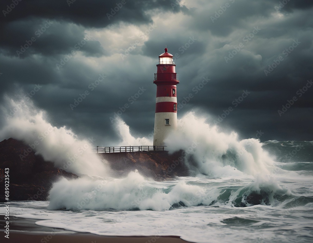 AI-generated illustration of a red and white lighthouse standing tall amidst the raging stormy sea