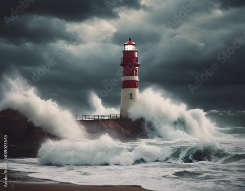 AI-generated illustration of a red and white lighthouse standing tall amidst the raging stormy sea