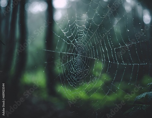 AI-generated illustration of a spider web glistening with dewdrops in a green forest setting