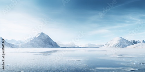 Snowy landscape photography with a serene frozen lake and distant mountains, captured on a clear January day
