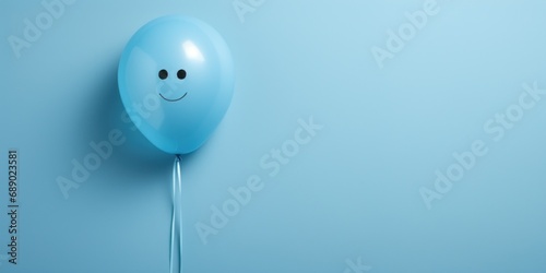 Not sad blue balloon with smiling emoji, on a blue background, blue monday, copy space, banner photo