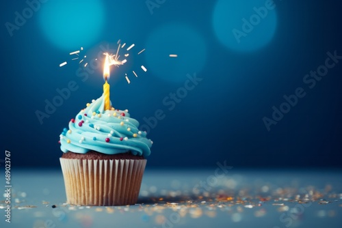 Close-up of birthday cupcake with one candle on blue background with flying confetti and bokeh