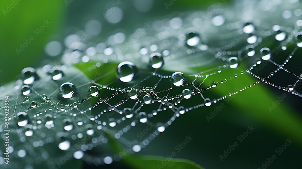 Water Droplets on a Spider Web with Green Leaves Water Droplets on a Spider Web with Green Leaves