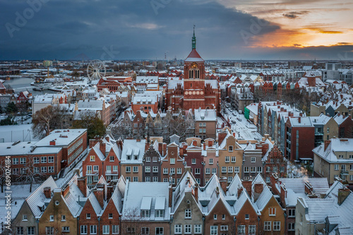 Aerial view of the beautiful main city in Gdansk at winter, Poland