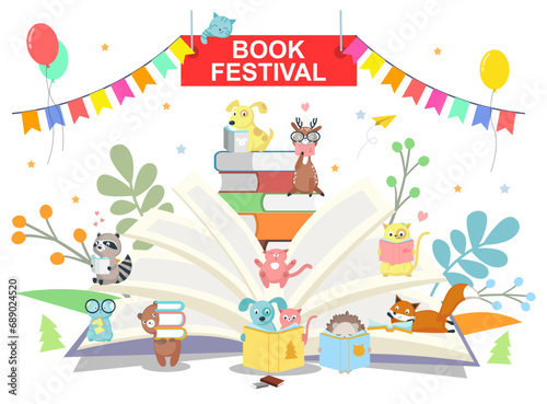 Book festival smart tiny animal over huge opened book vector illustration