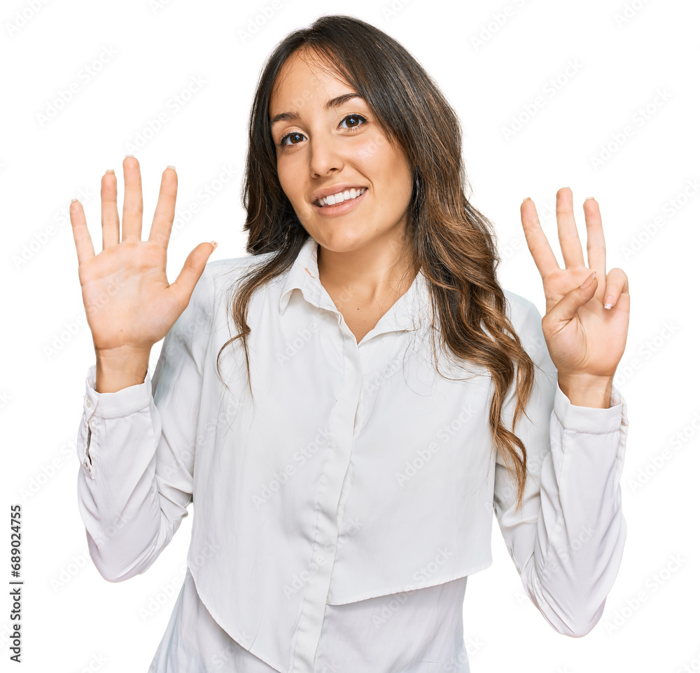 Young brunette woman wearing casual clothes showing and pointing up with fingers number eight while smiling confident and happy. Young brunette woman wearing casual clothes showing and pointing up with fingers number eight while smiling confident and happy.