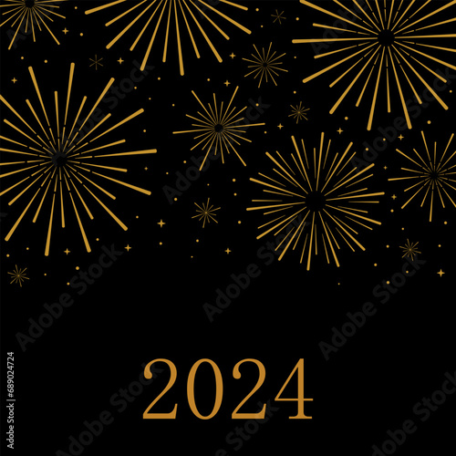 Black and gold fireworks vector poster, 2024 happy new year greeting card concept design, elegant luxury celebration background with stars