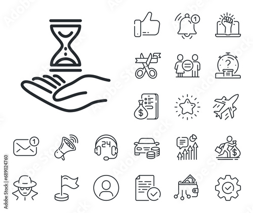 Sand watch sign. Salaryman, gender equality and alert bell outline icons. Time hourglass in hand line icon. Time hourglass line sign. Spy or profile placeholder icon. Online support, strike. Vector