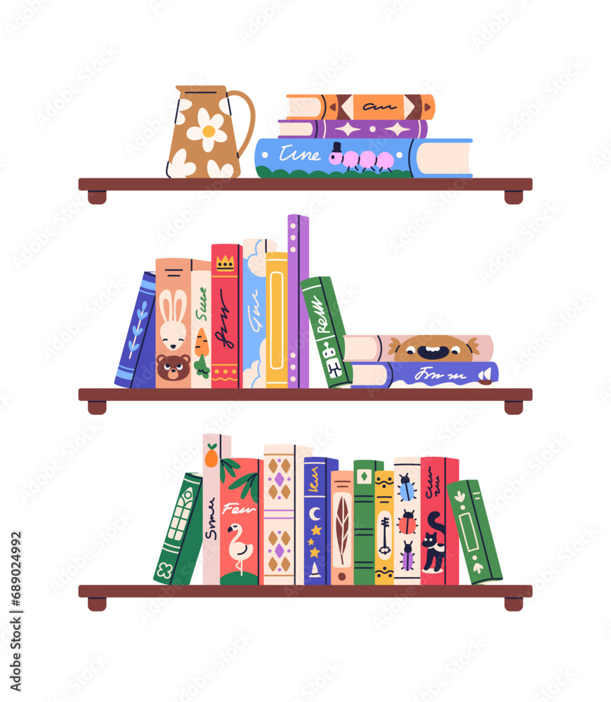 Kids book shelf. Childrens and baby literature row on bookshelf. Fairytales, fiction, childs encyclopedias library for preschool reading. Flat graphic vector illustration isolated on white background