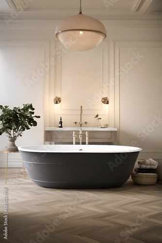 Contemporary bathroom design, high-end designer bathroom with freestanding tub, natural light and white marble