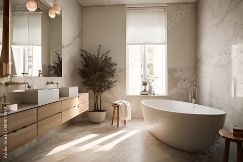 Contemporary bathroom design, high-end designer bathroom with freestanding tub, natural light and white marble photo