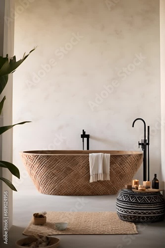 Contemporary bathroom design, high-end designer bathroom with freestanding tub, natural light and white marble