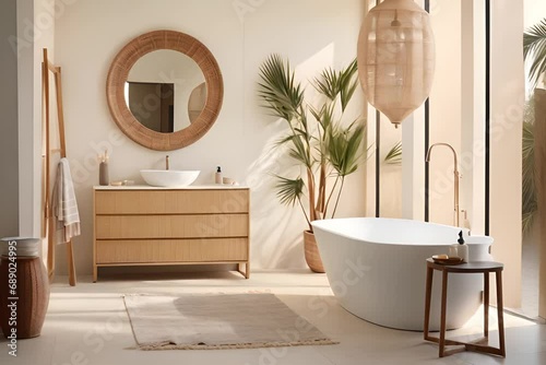 Contemporary bathroom design, high-end designer bathroom with freestanding tub, natural light and white marble