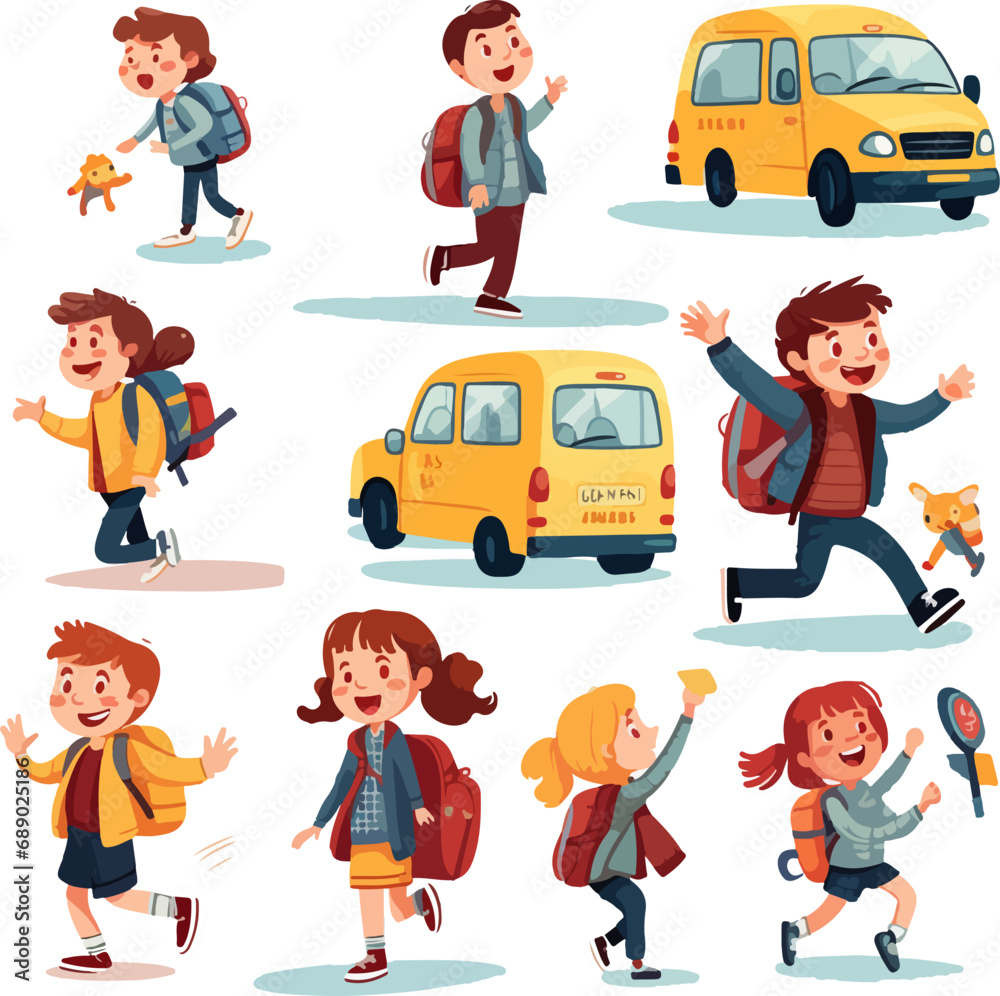 A set that captures the excitement of going back to school with buses, backpacks, and more A set that captures the excitement of going back to school with buses, backpacks, and more