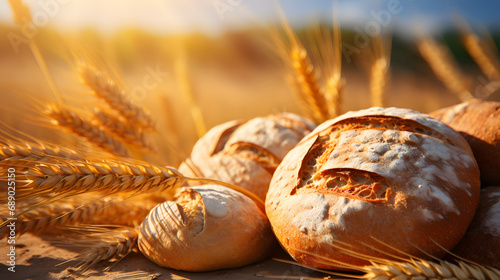 Loaves of fresh wheat bread on wheat field background.Macro.AI Generative
