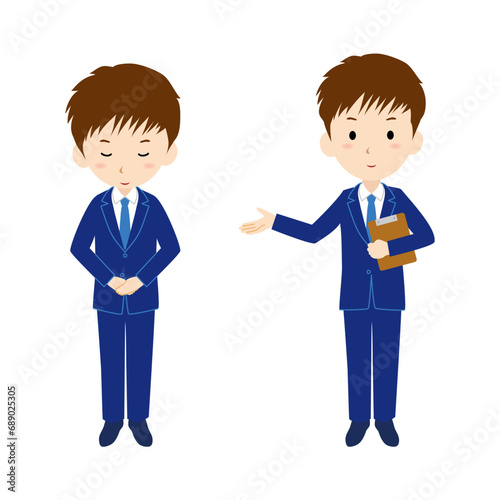 お辞儀をする新人サラリーマンと案内係の男性