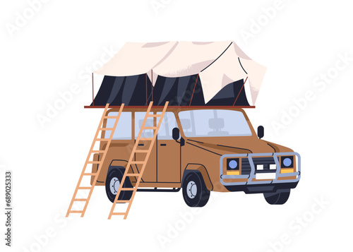 Rooftop car tent. SUV with roof-top camping. Campers auto transport for road trip, travel, adventure. Touristic vehicle, holiday automobile. Flat vector illustration isolated on white background
