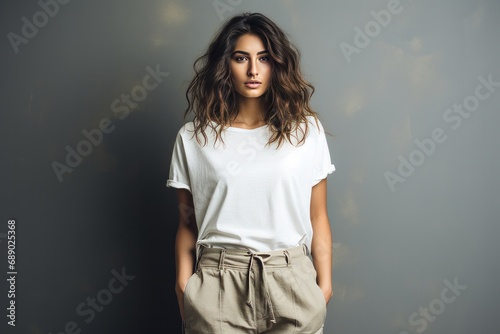 Female top model wearing casual cropped top and trousers photo