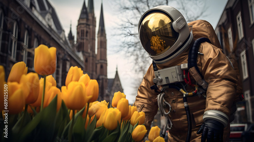 Astronaut with yellow tulips in the modern city