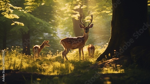 A family of deer grazing in a sun-dappled glade, their antlers silhouetted against the vibrant spring foliage.