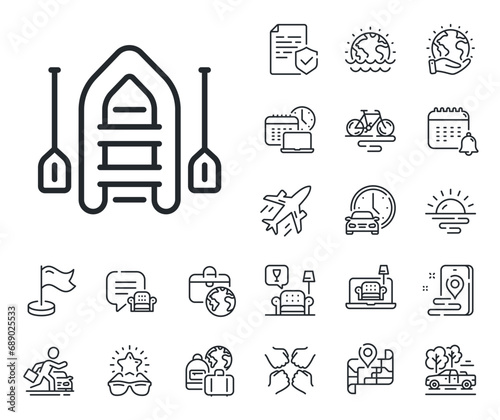 Inflatable vessel sign. Plane jet, travel map and baggage claim outline icons. Boat line icon. Fishing paddle symbol. Boat line sign. Car rental, taxi transport icon. Place location. Vector