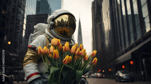 Astronaut with yellow tulips in the modern city #689025558