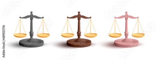 Justice scales law equality render illustration 3d set, balance measure symbol isolated icon realistic icon design 3d vector illustration