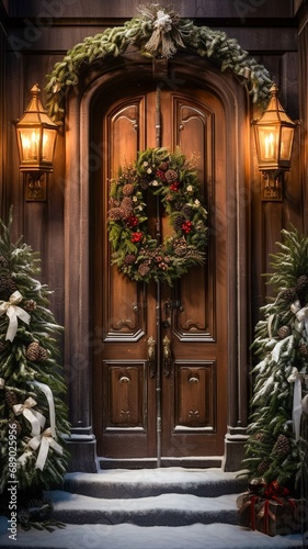 Christmas wreath on the front door of a house decorated for Christmas. Generative AI.