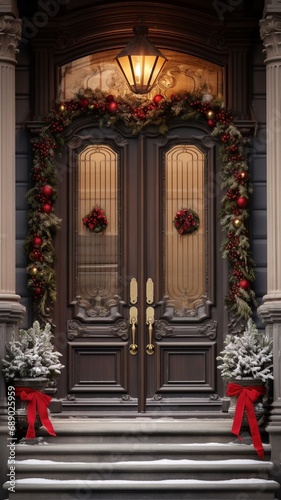 Christmas wreath on the front door of a house decorated for Christmas. Generative AI.
