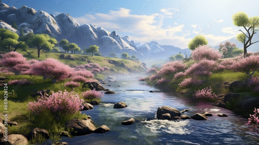 A meandering river winding through a blossoming valley, flanked by vibrant spring blossoms.