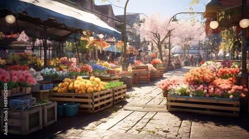 A bustling farmer's market filled with stalls of fresh spring produce, colorful flowers, and artisanal goods.