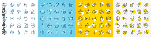 Vector icons set of Coconut, Pasta and Latte coffee line icons pack for web with Grill, Coffee-berry beans, Beer bottle outline icon. Ice cream, Food donation, Romantic dinner pictogram. Vector