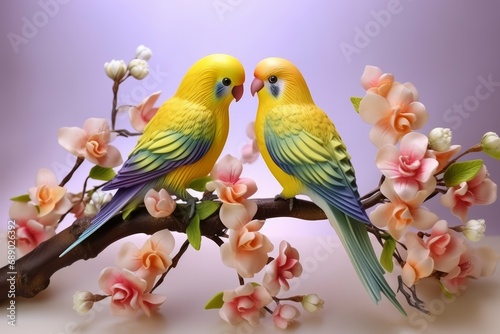 Two pretty lovebirds on a golden tree branch, only yellow, blue, pink, green, white, purple colors, realistic