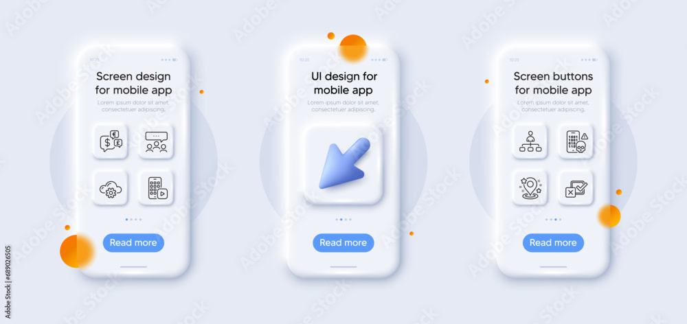 Phone app, Cloud computing and Management line icons pack. 3d phone mockups with cursor. Glass smartphone screen. Pin, Checkbox, Meeting web icon. Cyber attack, Money currency pictogram. Vector Phone app, Cloud computing and Management line icons pack. 3d phone mockups with cursor. Glass smartphone screen. Pin, Checkbox, Meeting web icon. Cyber attack, Money currency pictogram. Vector